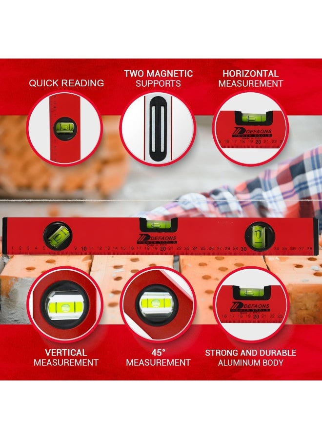 ديفاونز ميزان تسوية مغناطيسي على شكل طوربيد بطول 40 سم مع 3 فقاعات قياس بزاوية 180° و90° و45°، هيكل من الألومنيوم المتين، أغطية طرفية ماصة للصدمات، قاعدة مغناطيسية مزدوجة، أداة قياس الزوايا الأفقية والرأسية لأعمال البناء والنجارة والسباكة المنزلية - Image 5